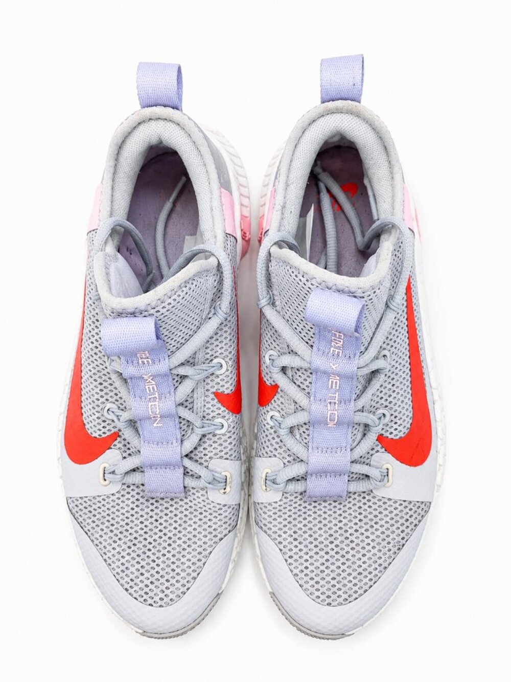 Women’s Gray Athletic Sneakers with Red Accent and Lavender Pull Tabs